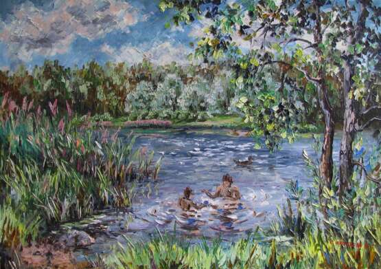 “Swimming in the pond” Canvas Oil paint Impressionist Landscape painting 2016 - photo 1