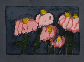  "Astern (rosa)", 1994; "Astern (gelb)", 1993. Farblinolschnitt auf grauem Bütten