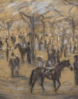 Jockeys mit Pferden unter Bäumen, 1975