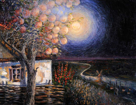 „Apfelbaum im nächtlichen Glanz“ Leinwand Gemischte Technik Landschaftsmalerei 2009 - Foto 1