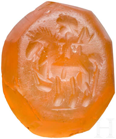 Gemme aus Karneol mit Reiterdarstellung, römisch, 1. - 3. Jahrhundert n. Chr. - Foto 1