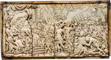 Große Elfenbein-Bildplatte "Marcus Lucius Scaevola vor Porsenna", deutsch, um 1700
