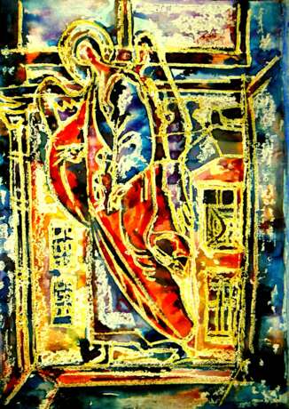 “The angel in the window.” Paper Watercolor Expressionist Mythological 1995 - photo 1