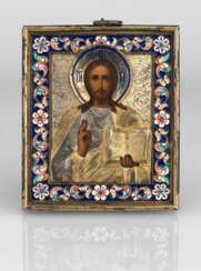 Christ Pantocrator in a Silver-Gilt and Cloisonne Enamel Oklad