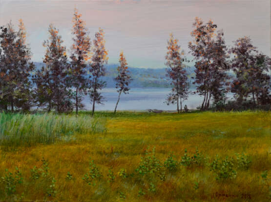 „Original landscape painting oil on canvas Silent evening near Dnepr river“ Leinwand Ölfarbe Impressionismus Landschaftsmalerei 2018 - Foto 1
