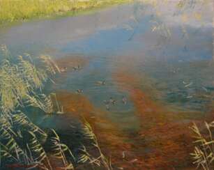 Original landscape painting oil on canvas, Ducks on the lake