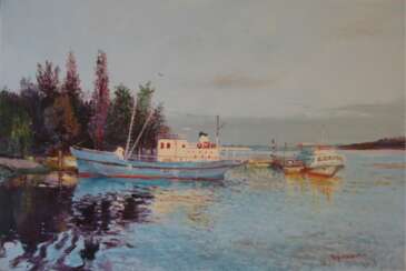 Оригинальный пейзаж картина маслом на холсте, вечер на реке Днепр 