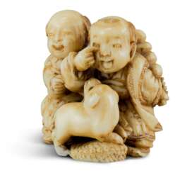 Netsuke: Zwei Karako mit Welpe