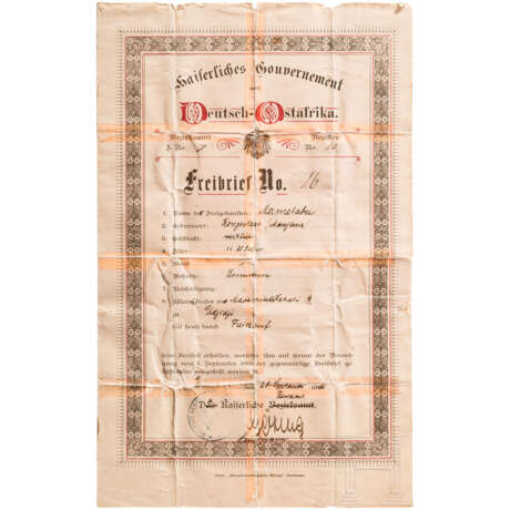 Freibrief des Kaiserl. Gouvernements für Deutsch-Ostafrika 1916 mit Unterschrift von Hptm. Karl Ernst Göring - фото 1