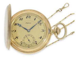 Taschenuhr: hochwertige Alpina Art déco Goldsavonnette mit dazugehöriger Goldkette und Originalbox, ca. 1930