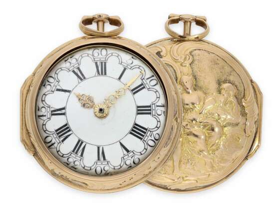 Taschenuhr: frühe, 3 -fach-Gehäuse Repoussé-Spindeluhr in Gold, signiert Rose London, ca. 1770 - Foto 1