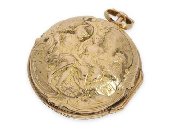 Taschenuhr: frühe, 3 -fach-Gehäuse Repoussé-Spindeluhr in Gold, signiert Rose London, ca. 1770 - Foto 7