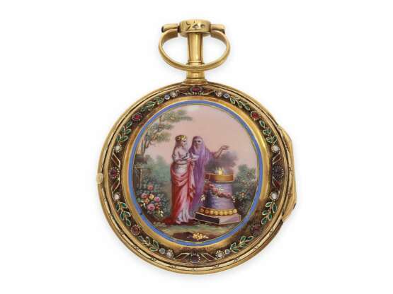 Taschenuhr: sehr feine Gold/Emaille-Spindeluhr mit Stein- und Perlenbesatz, Vauchez a Paris, ca.1780 - Foto 1