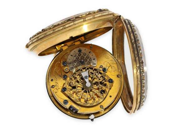 Taschenuhr: sehr feine Gold/Emaille-Spindeluhr mit Stein- und Perlenbesatz, Vauchez a Paris, ca.1780 - Foto 3