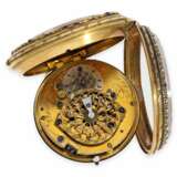 Taschenuhr: sehr feine Gold/Emaille-Spindeluhr mit Stein- und Perlenbesatz, Vauchez a Paris, ca.1780 - Foto 3