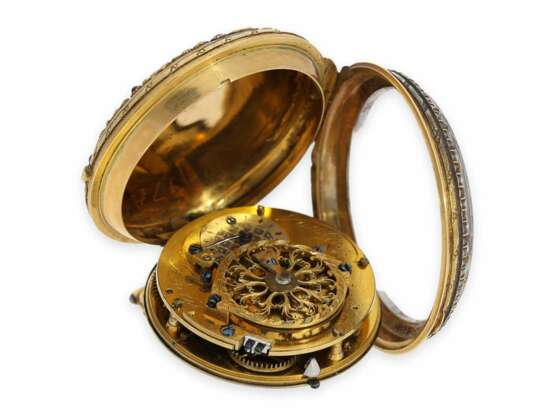 Taschenuhr: sehr feine Gold/Emaille-Spindeluhr mit Stein- und Perlenbesatz, Vauchez a Paris, ca.1780 - Foto 4