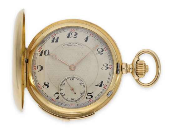 Taschenuhr: hochwertige Goldsavonnette mit Viertelstunden-Repetition, Spitzenkaliber von Le Coultre, signiert Schoechlin & Co. Bienne, No.7644, ca.1910 - Foto 1