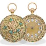 Taschenuhr: sehr seltene 3-Farben-Prunktaschenuhr mit Türkisbesatz und Schlagwerk auf Glocke, Robert à Geneve, ca. 1800 - Foto 1