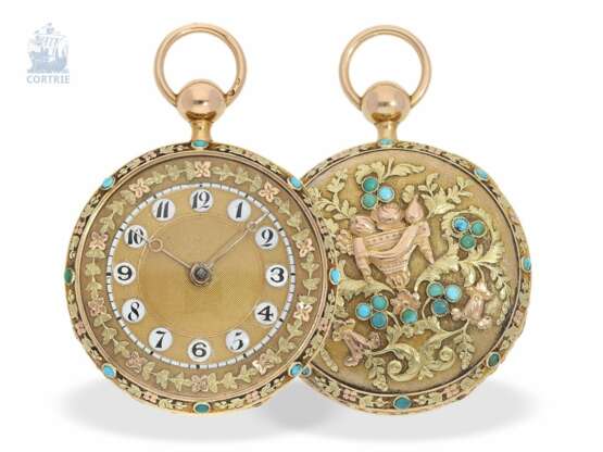 Taschenuhr: sehr seltene 3-Farben-Prunktaschenuhr mit Türkisbesatz und Schlagwerk auf Glocke, Robert à Geneve, ca. 1800 - photo 5