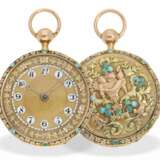 Taschenuhr: sehr seltene 3-Farben-Prunktaschenuhr mit Türkisbesatz und Schlagwerk auf Glocke, Robert à Geneve, ca. 1800 - Foto 5