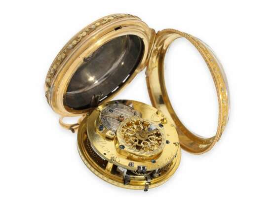 Taschenuhr: exquisite Gold/Emaille “a trois couleurs” Spindeluhr mit Repetition, Chevalier Paris No. 3505, ca.1800 - Foto 4