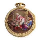 Taschenuhr: Rokoko Spindeluhr mit seltener Genre-Malerei, Baillon Paris, um 1760 - фото 1