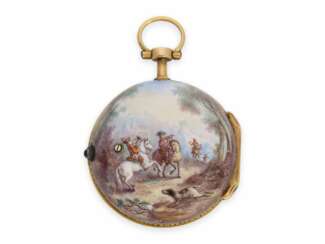 Taschenuhr: extrem seltene Miniatur Rokoko Emailleuhr im Stil Meissener Porzellanmalerei, Louis Waltrin à Paris, No.593, ca. 1770