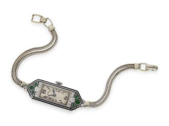 Armbanduhr: extrem rare und äußerst attraktive Patek Philippe Art déco Damenuhr mit emailliertem Platingehäuse und Diamantbesatz, No.809466, ca. 1925 - фото 2