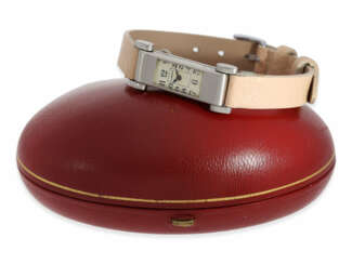 Armbanduhr: extrem rare Art déco Damenuhr in Platin, signiert Cartier, "Baguette Duoplan", ca.1930
