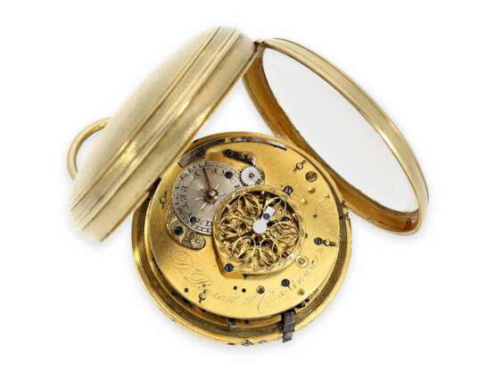 Taschenuhr: ausgefallene Spindeluhr mit feinster Emaille-Lupenmalerei und seltenem Figurenautomat Jacquemart mit Schlag auf Glocke, Pouzait No. 768, ca.1790 - Foto 2