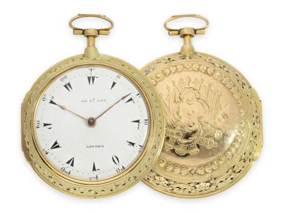 Taschenuhr: frühe Doppelgehäuse-Prunk-Spindeluhr mit Viertelstunden-Selbstschlag und Chatelaine, königlicher Uhrmacher Daniel de St. Leu London No.3999, ca.1785 - Foto 2