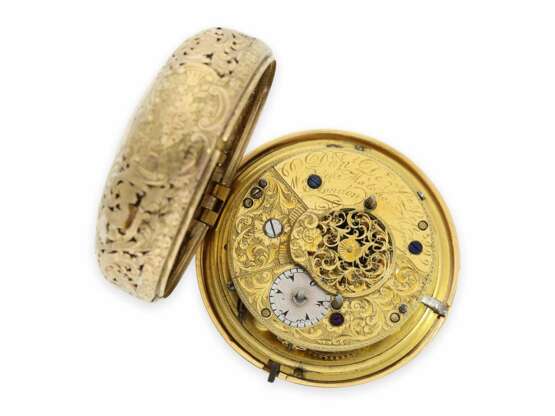 Taschenuhr: frühe Doppelgehäuse-Prunk-Spindeluhr mit Viertelstunden-Selbstschlag und Chatelaine, königlicher Uhrmacher Daniel de St. Leu London No.3999, ca.1785 - Foto 3