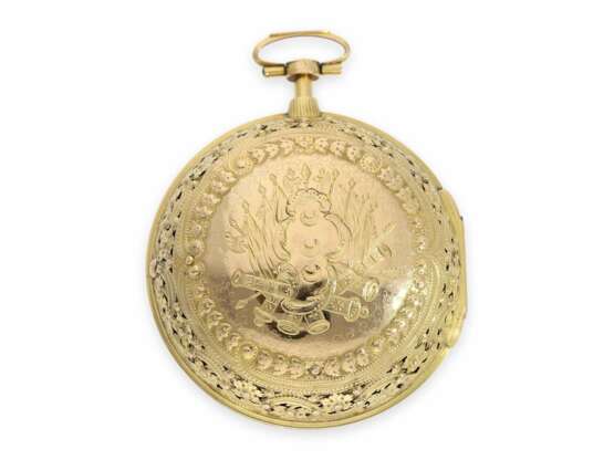 Taschenuhr: frühe Doppelgehäuse-Prunk-Spindeluhr mit Viertelstunden-Selbstschlag und Chatelaine, königlicher Uhrmacher Daniel de St. Leu London No.3999, ca.1785 - photo 7
