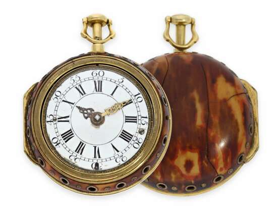 Taschenuhr: frühe englische Doppelgehäuse-Spindeluhr mit Repetition, 18K Gold, bedeutender Uhrmacher, John Bushman Augsburg/London 1692-1725, No.5430, ca. 1720 - photo 1