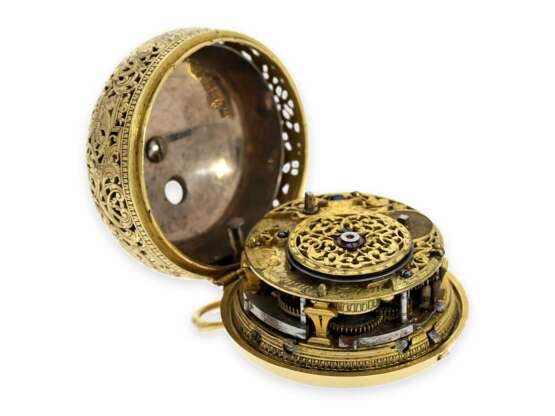 Taschenuhr: frühe englische Doppelgehäuse-Spindeluhr mit Repetition, 18K Gold, bedeutender Uhrmacher, John Bushman Augsburg/London 1692-1725, No.5430, ca. 1720 - photo 6