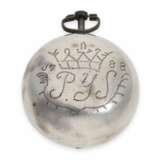 Taschenuhr: hochinteressante, frühe englische Doppelgehäuse-Spindeluhr mit extrem seltenem Gehäuse und Datum, vermutlich Jean Le Maire London 1688 - photo 8