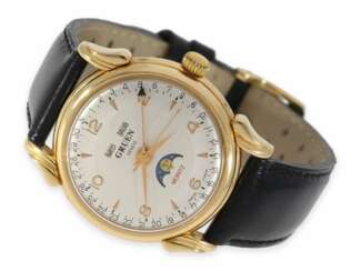 Armbanduhr: vintage Kalender-Uhr mit Mondphase, Gruen Geneve "Moritz", ungetragene Neuauflage des Originals von 1950, 18K Gold, new-old-stock, ca.1995