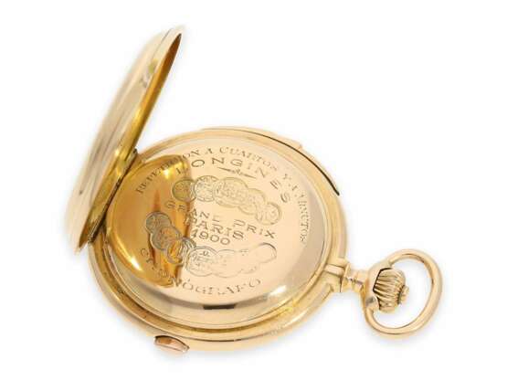 Taschenuhr: schwere, sehr seltene Goldsavonnette mit Doppelkomplikation, Minutenrepetition und Chronograph, Longines No.32103, ca.1900 - Foto 4
