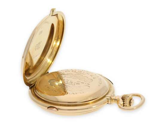 Taschenuhr: schwere, sehr seltene Goldsavonnette mit Doppelkomplikation, Minutenrepetition und Chronograph, Longines No.32103, ca.1900 - Foto 5
