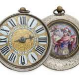 Taschenuhr: frühe und extrem rare Oignon mit Zentralaufzug und Emaillemalerei, königlicher Uhrmacher Turet (Thuret) a Paris, ca.1690 - Foto 1