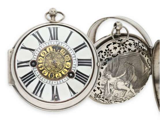 Taschenuhr: extrem rare, einzeigrige Oignon mit Alarm und versteckter erotischer Szene, bedeutender französischer Uhrmacher, Claude Raillard a Paris, verzeichnet von 1676-1692 - photo 1