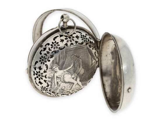 Taschenuhr: extrem rare, einzeigrige Oignon mit Alarm und versteckter erotischer Szene, bedeutender französischer Uhrmacher, Claude Raillard a Paris, verzeichnet von 1676-1692 - Foto 6