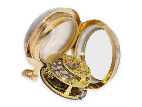 Taschenuhr: außergewöhnlich große goldene Spindeluhr mit Achat-Gehäuse, hervorragender Erhaltungszustand, königlicher Uhrmacher Julien Le Roy, ca.1760 - photo 4