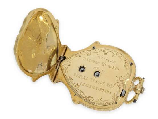 Taschenuhr/Anhängeuhr: extrem rare Gold/Emaille-Formuhr mit Diamantbesatz "Blumenkorb" und herzförmigem Werk, Tissot & Fils No.10085, ca. 1850 - photo 2