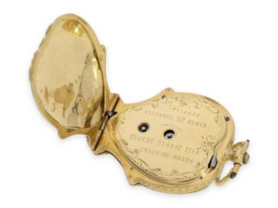 Taschenuhr/Anhängeuhr: extrem rare Gold/Emaille-Formuhr mit Diamantbesatz "Blumenkorb" und herzförmigem Werk, Tissot & Fils No.10085, ca. 1850 - photo 7
