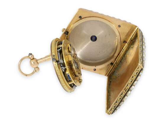 Anhängeuhr: absolute Rarität, Gold/Emaille-Formuhr in Drachenform/Raute mit Repetition auf Glocke und Perlenbesatz, vermutlich Genf um 1800 - Foto 9