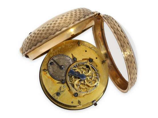 Taschenuhr: bedeutende, goldene Schweizer Taschenuhr mit früher Zylinderhemmung, Chatelaine und Originalbox, Jean Jaques Richard au Locle, 1740-1766 - photo 4