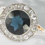 Ring: sehr schöner Art déco Ring mit Diamanten und blauem Farbstein, 14K Roségold & Platin - Foto 1