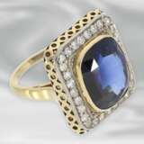 Ring: großer dekorativer Ring mit Diamanten und blauem Farbstein, 14K Gold, möglicherweise aus der Zeit des Art Deco - photo 2