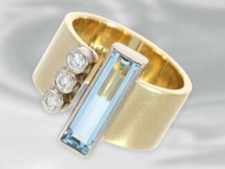 Ring: ausgefallener Designer-Goldschmiedering mit Brillanten und Aquamarin, bezeichnet HANDARBEIT, 14K Gold